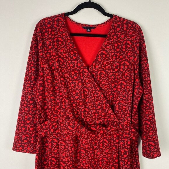 Lands End Fit Flare Dress Faux Wrap 3/4 Sleeves Knee Length Red Size 18 - Picture 2 of 10